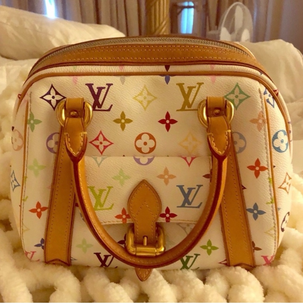 Louis Vuitton Multicolor Monogram White Canvas Satchel with Tan Trim